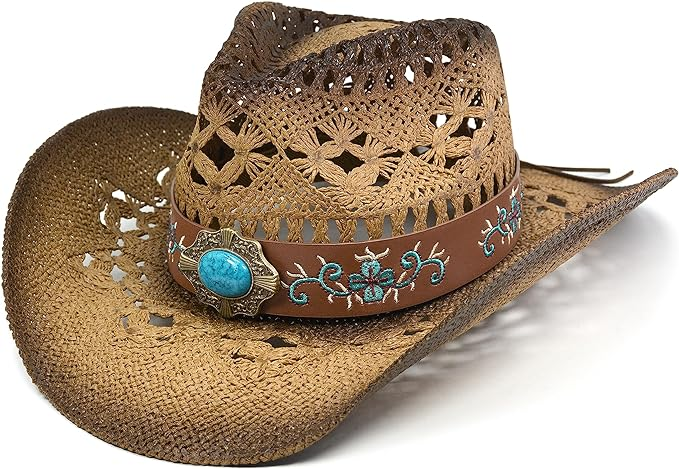 Cowgirl Hats for Women Straw Cowboy Hat Western Beach Sun Hat with Shapeable Brim for Coastal Cowgirl